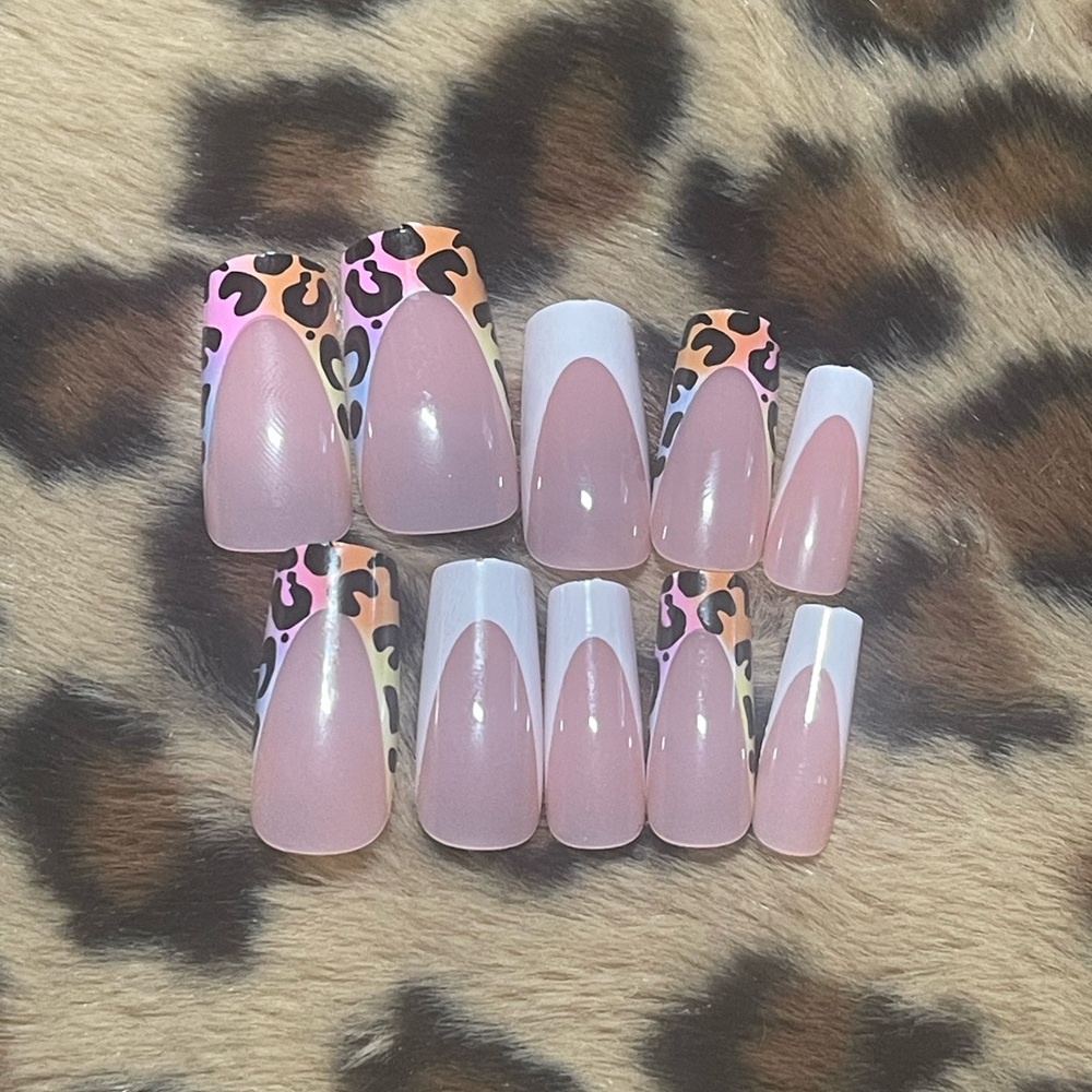 Rainbow leopard French and white French press on nail set
